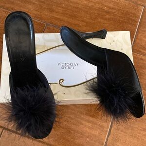 Victoria Secret Black Satin Feather  Slippers